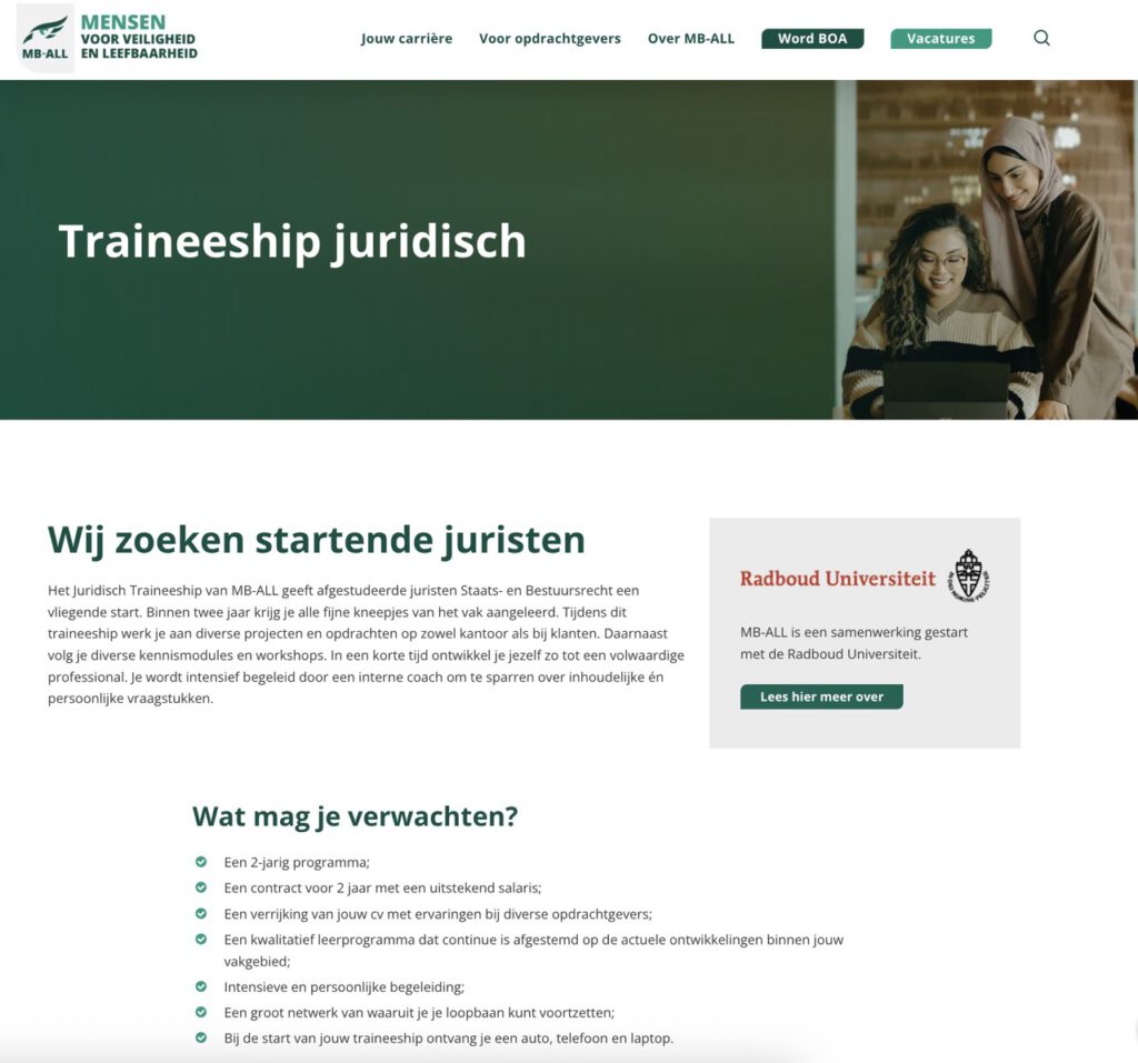 landingspagina van de campagne voor juristen wordt getoond.